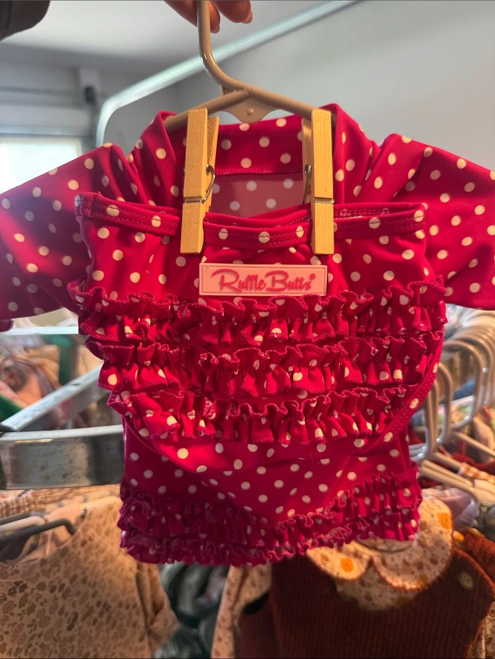 Ruffle Butts Hot Pink Polka Dot Ruffle Swim Top with matching bottoms